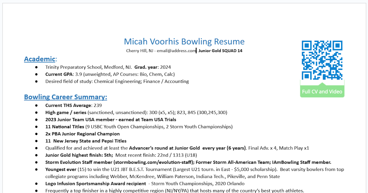 Bowling Resume Template Junior Gold Info